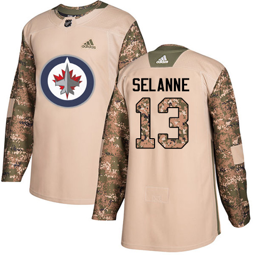 Adidas Jets #13 Teemu Selanne Camo Authentic Veterans Day Stitched NHL Jersey - Click Image to Close
